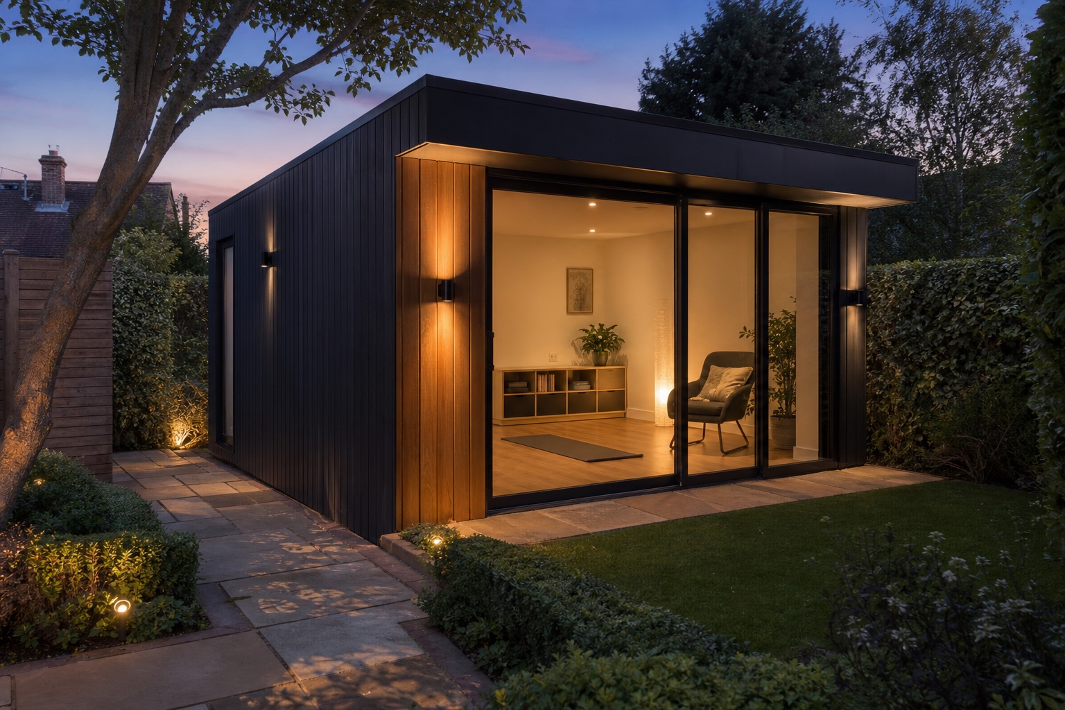 Design inspiration for a contemporary garden wellness room at dusk