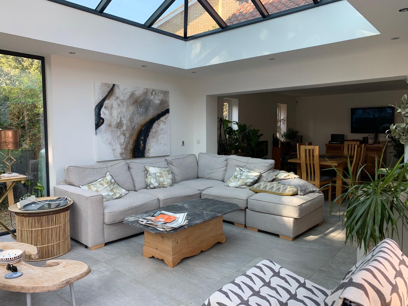 Completed single storey extension with roof lantern and family living space in Cambridge
